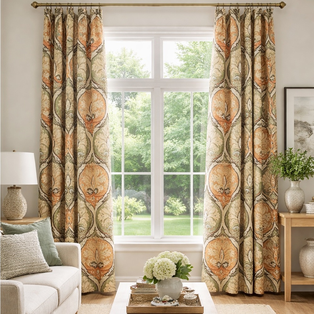 Designer Brunschwig & Fils Mediterranean Drapes 9’ Interlined Pinch Pleat 1